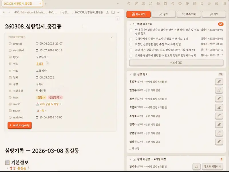 AI가 정리한 심방일지에서 성도별 기도 제목을 주간 모음으로 만들어 보여주는 실제 화면